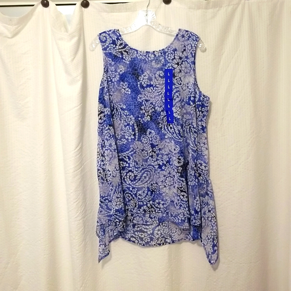 Blue and white sheer sleeveless blouse good for the summer.